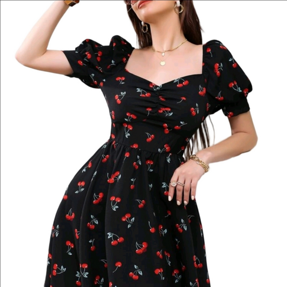 SHEIN Dresses & Skirts - SHEIN Black Cherry Pattern Midi Dress Medium